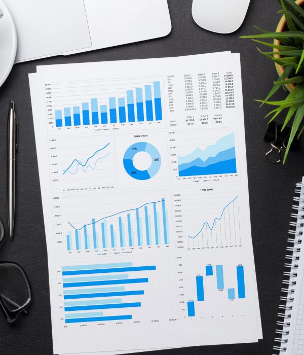 Office workplace table with reports